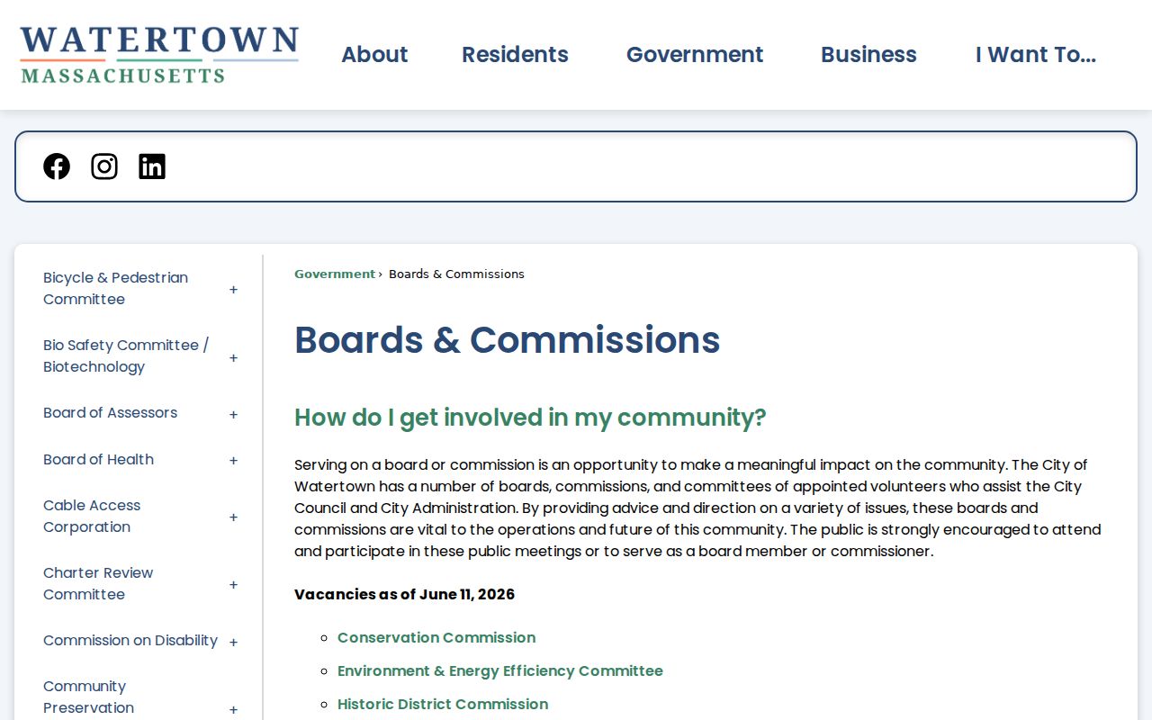 Watertown neighbors civic-context research on the City boards and commissions page