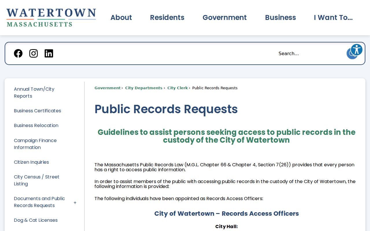 Watertown residents directory public records request information
